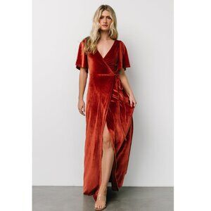 EUC Baltic Born Meghan Velvet Maxi Wrap Dress Terracotta Orange Rust Women's M